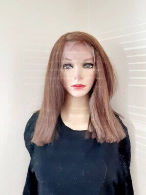 Wig Light Brown human hair blend blunt cut.